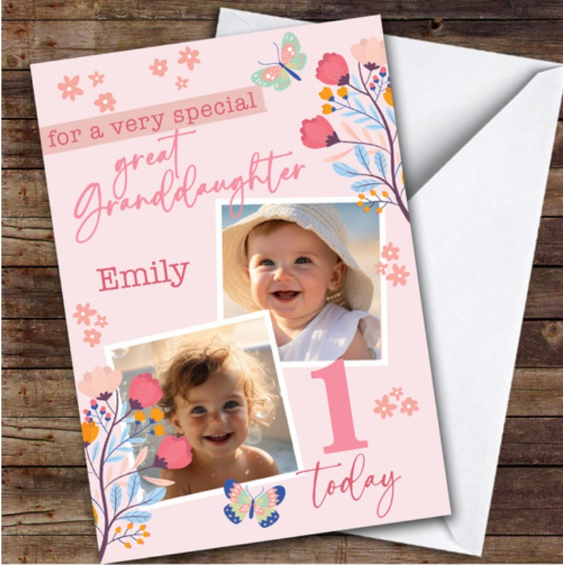 Great Granddaughter 1st Pink Floral Photo Custom Personalised Birthday Card – The Card Zoo