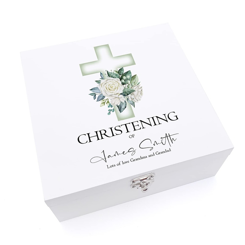 Personalised Christening Day Wooden Keepsake Memory Box With Green Cross