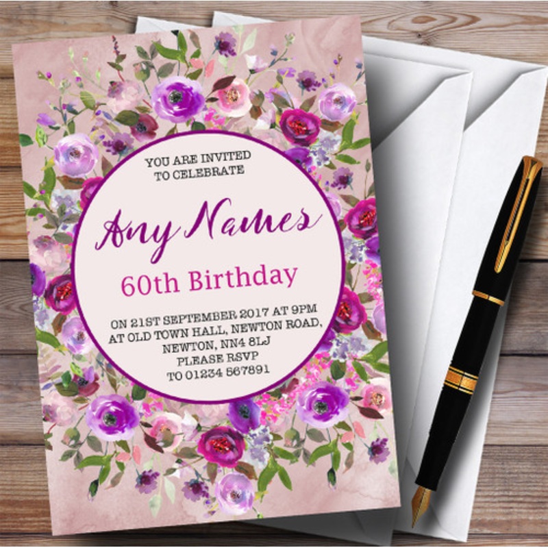 Pink and Purple Watercolour Floral 60th Personalised Birthday Party Invitations – The Card Zoo