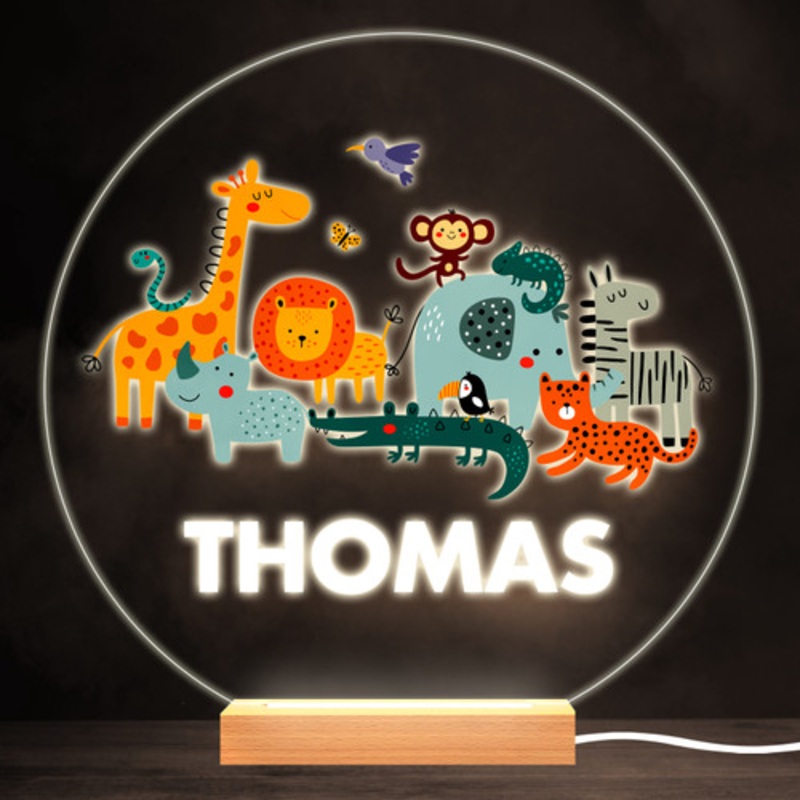 Safari Jungle Animals Colourful Round Personalised Gift Lamp Night Light – The Card Zoo
