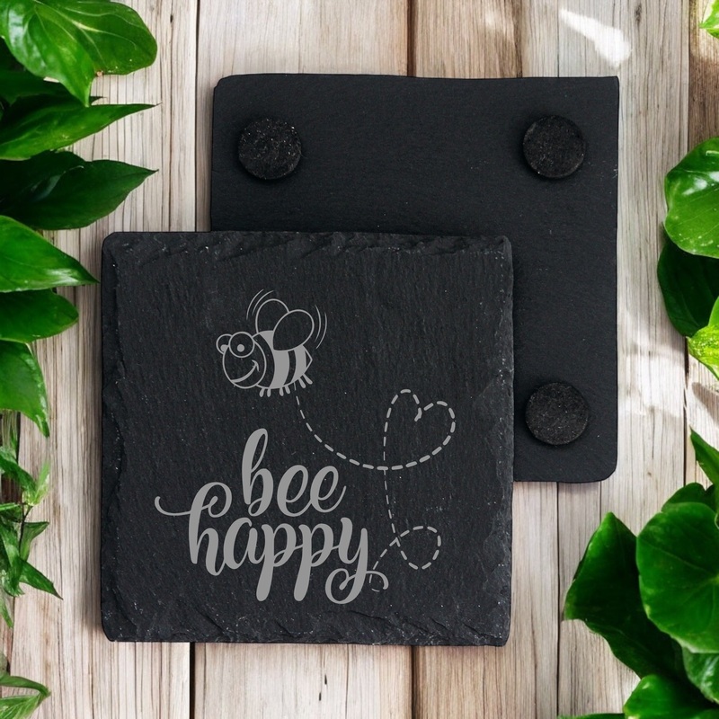 Set of 2 Bee Happy Engraved Slate Stone Drink Coasters