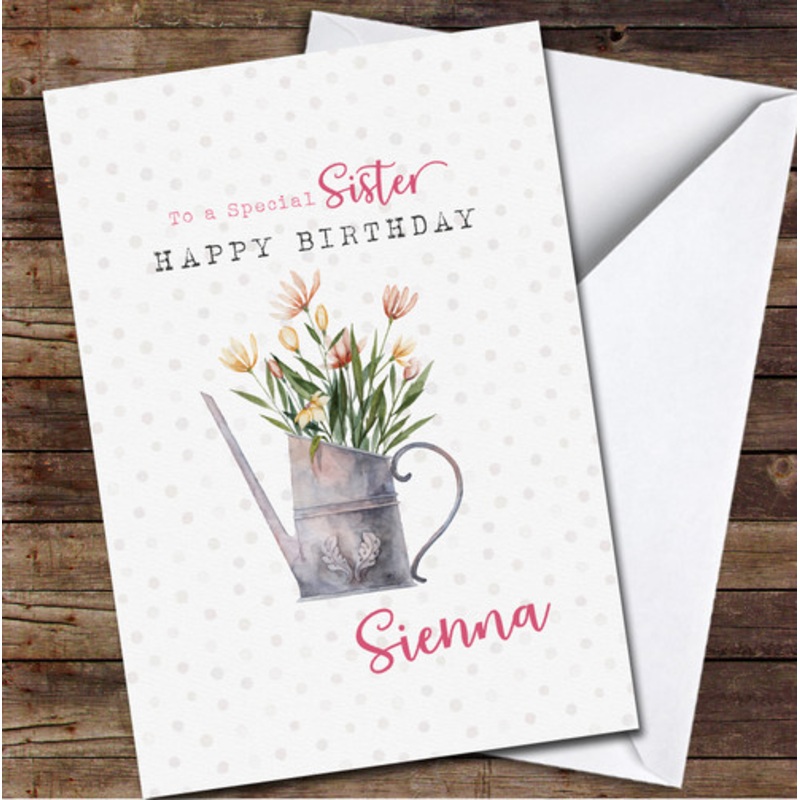 Sister Pink Watercolour Floral Bouquet In Watering Can Birthday Card – The Card Zoo
