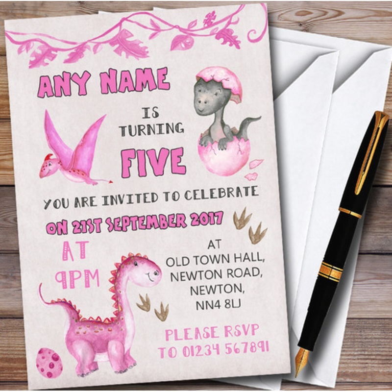 Watercolour Pink Dinosaur Personalised Children’s Birthday Party Invitations – The Card Zoo