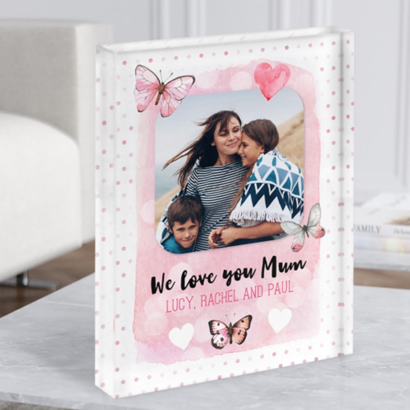 We Love You Mum From Children Pink Butterflies Photo Gift Acrylic Block – The Card Zoo