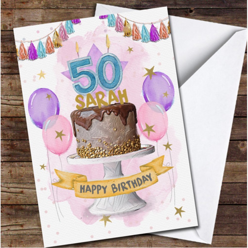50th Fifty Chocolate Cake Party Pink Purple Balloons Personalised Birthday Card – The Card Zoo
