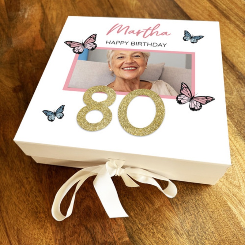 Butterfly Pink Photo Any Age 80th Square Personalised Keepsake Birthday Gift Box – The Card Zoo