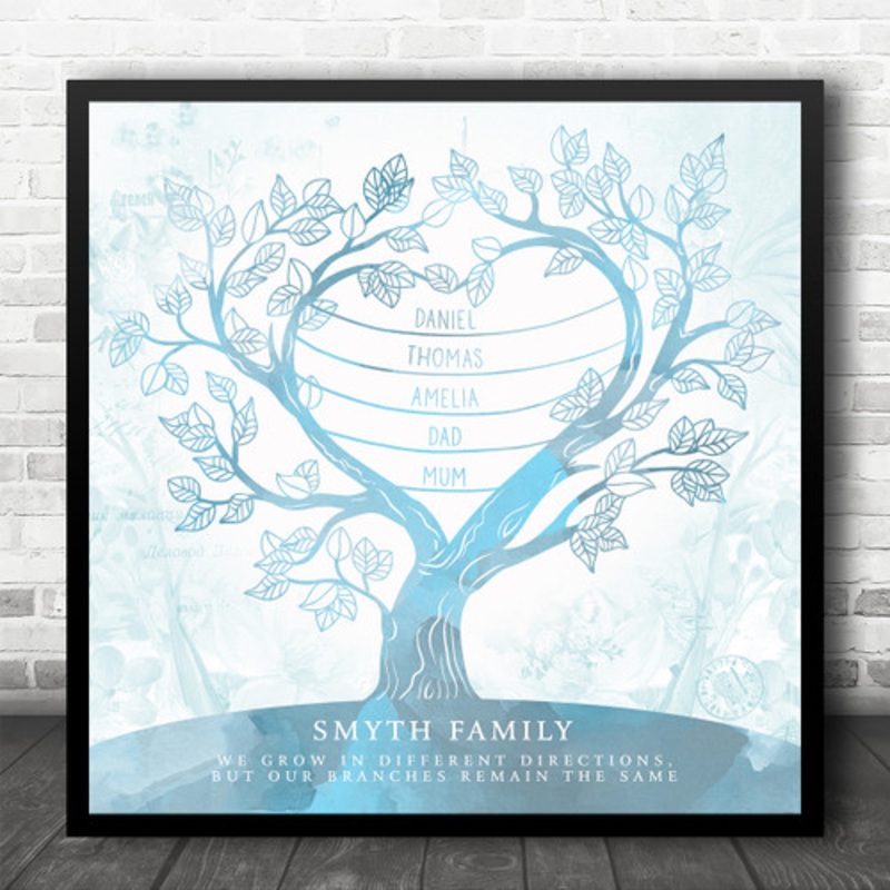 Family Tree Any Name Vintage Blue Watercolour Square Personalised Gift Print – The Card Zoo