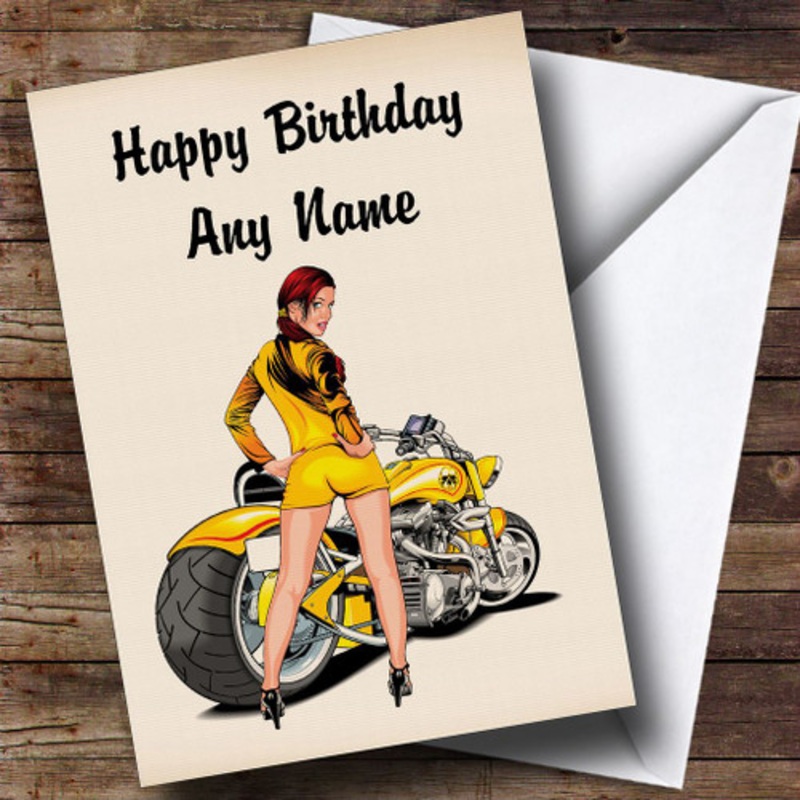 Motorbike And Sexy Lady Yellow Personalised Birthday Card – The Card Zoo