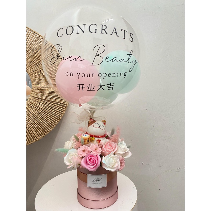 Pastel Congratulatory Artificial Flower With Lucky Cat Hot Air Balloon (Klang Valley Delivery)