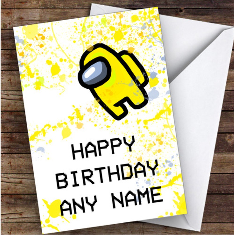 Among Us Yellow Splatter Art Children’s Kids Personalised Birthday Card – The Card Zoo