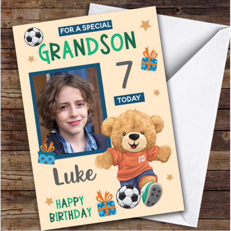 Boy’s Football Bear Orange Photo Grandson 7th Birthday Personalised Card – The Card Zoo