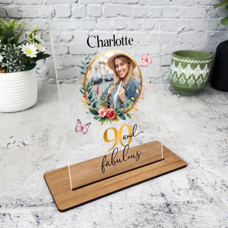 90th Birthday Gift Floral Wreath Photo Custom Personalised Gift Acrylic Plaque – The Card Zoo