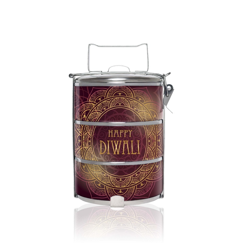 BDARI Tiffin Carrier – Happy Diwali In Marron (Nationwide Delivery)
