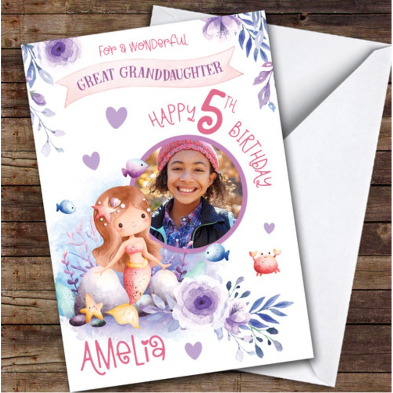 Girl’s Mermaid Purple Photo Great Granddaughter 5th Birthday Personalised Card – The Card Zoo