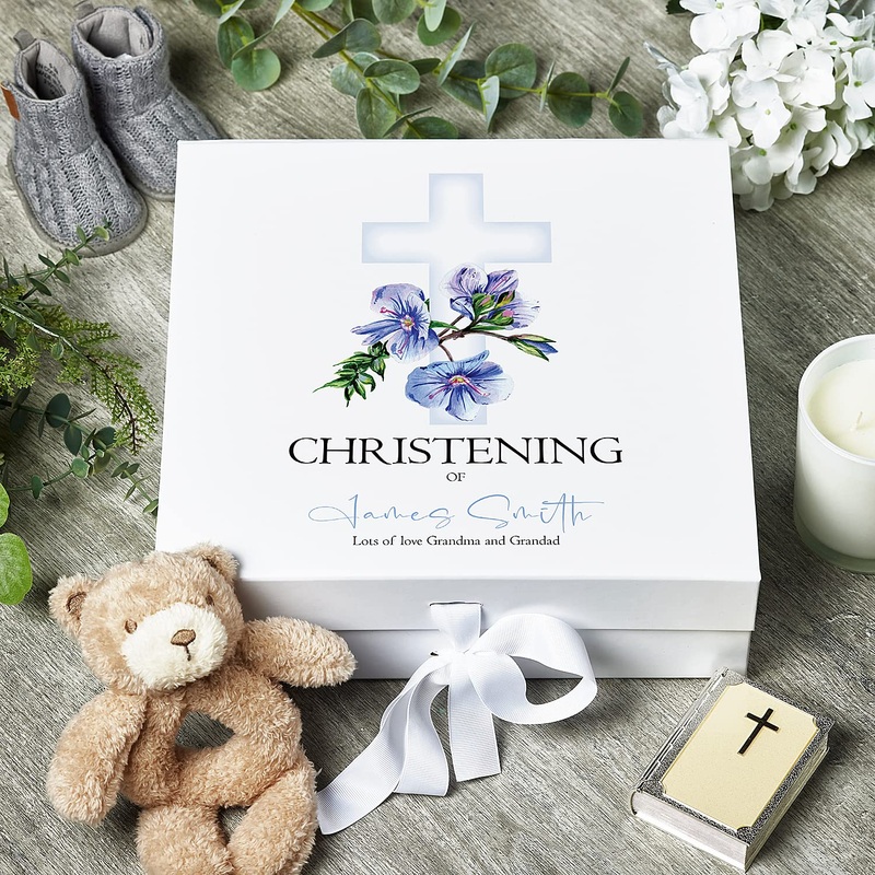 Personalised Christening Blue Cross Keepsake Memory Box Gift