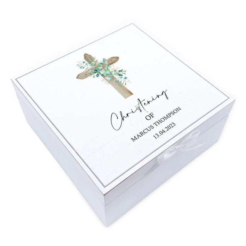 Personalised Christening Vintage Wooden Box With Wood Cross