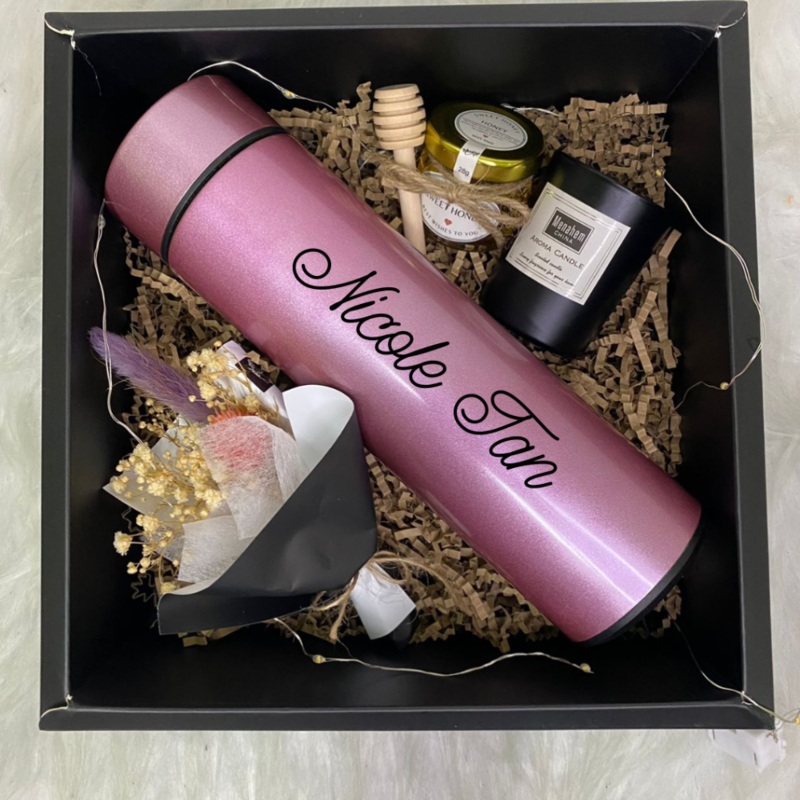 Warm & Cozy Personalised Thermal Flask Bottle With Scented candle cup, Pure Honey, Korean Style Mini Preserved Flowers Bouquet Gift Box Set (Klang Valley Delivery)