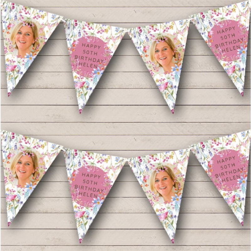 Watercolour Floral Happy Birthday Bunting Photo Personalised Banner Bunting – The Card Zoo