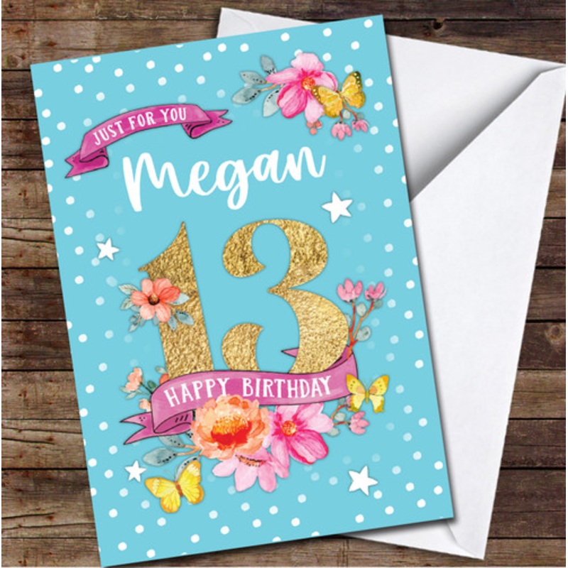 13th Girl Female Flowers Butterfly Turquoise Pink Any Age Birthday Card – The Card Zoo