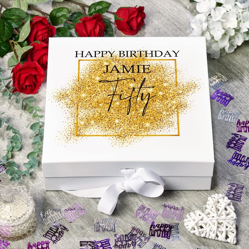 Personalised 50th Birthday Gift Keepsake Memory Box Gold Sparkles Design
