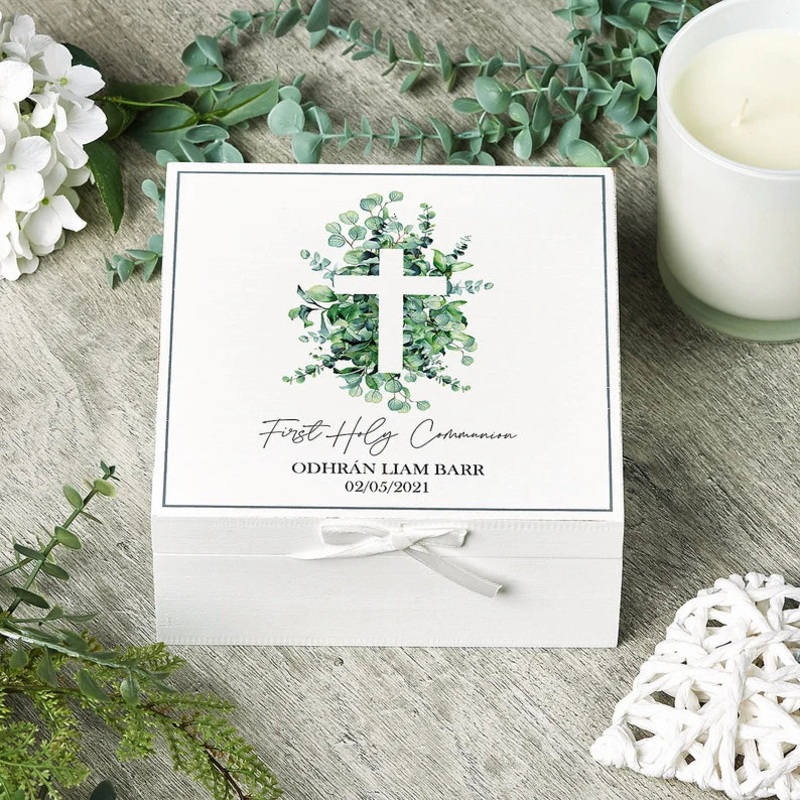 Personalised Holy Communion Vintage Wooden Box Gift With Leaf Cross