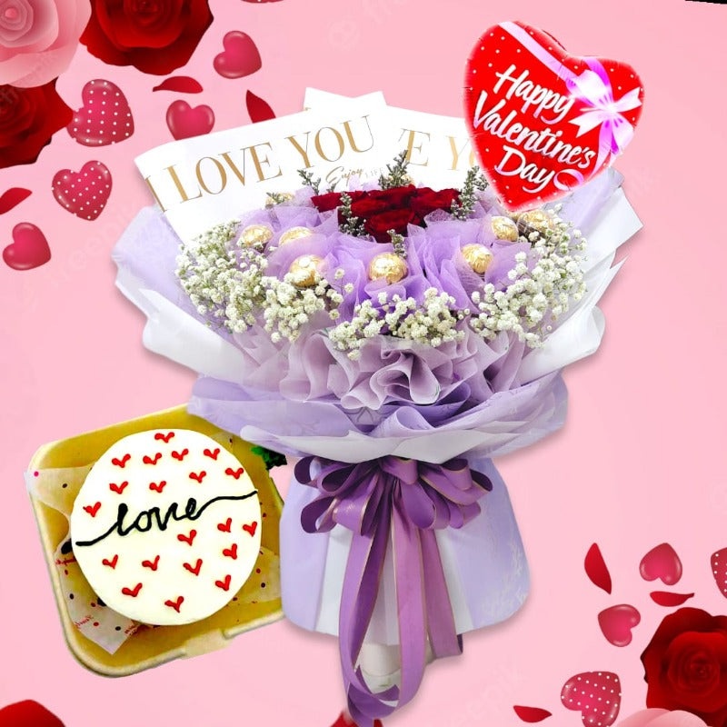 Valentine’s Day 2023 Love You Bouquet With Tasty Bento Cake (Artificial Flower) (Penang Delivery Only)