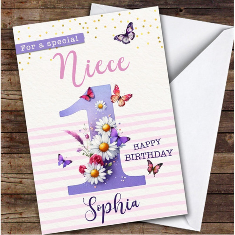 1st Niece Purple Floral Butterflies Custom Personalised Birthday Card – The Card Zoo