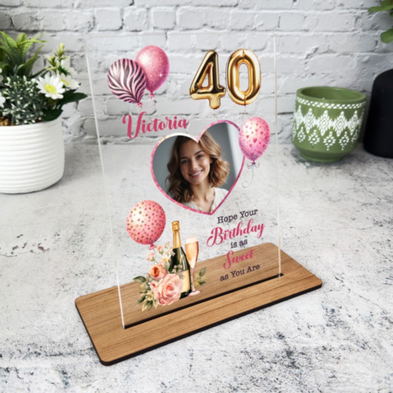 40th Birthday Gift For Her Champagne Balloons Heart Photo Personalised Plaque – The Card Zoo
