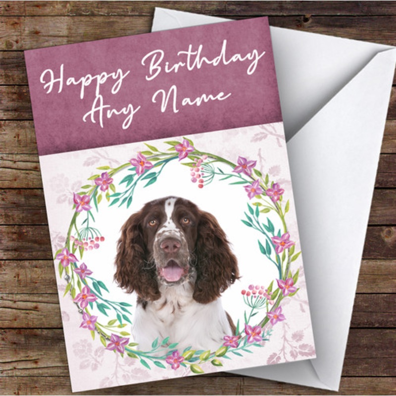English Springer Spaniel Dog Pink Floral Animal Personalised Birthday Card – The Card Zoo
