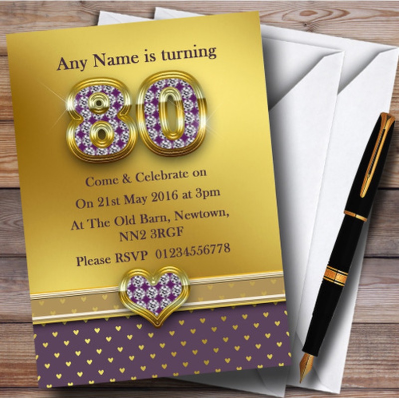 Gold Satin And Purple Hearts 80th Personalised Birthday Party Invitations – The Card Zoo