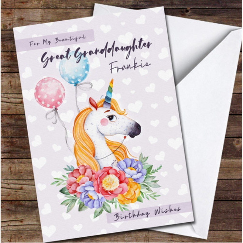 Great Granddaughter Unicorn With Balloons Any Text Personalised Birthday Card – The Card Zoo