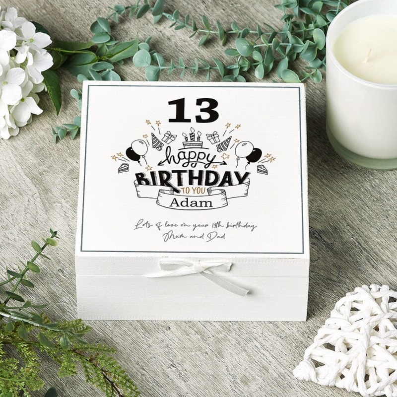 Personalised 13th Birthday Vintage Wooden Box Keepsake Gift Elements