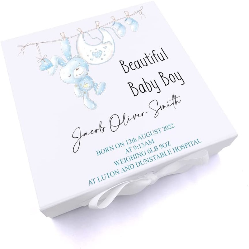 Personalised Beautiful Baby Boy Keepsake Box Gift With Cute Rabbit
