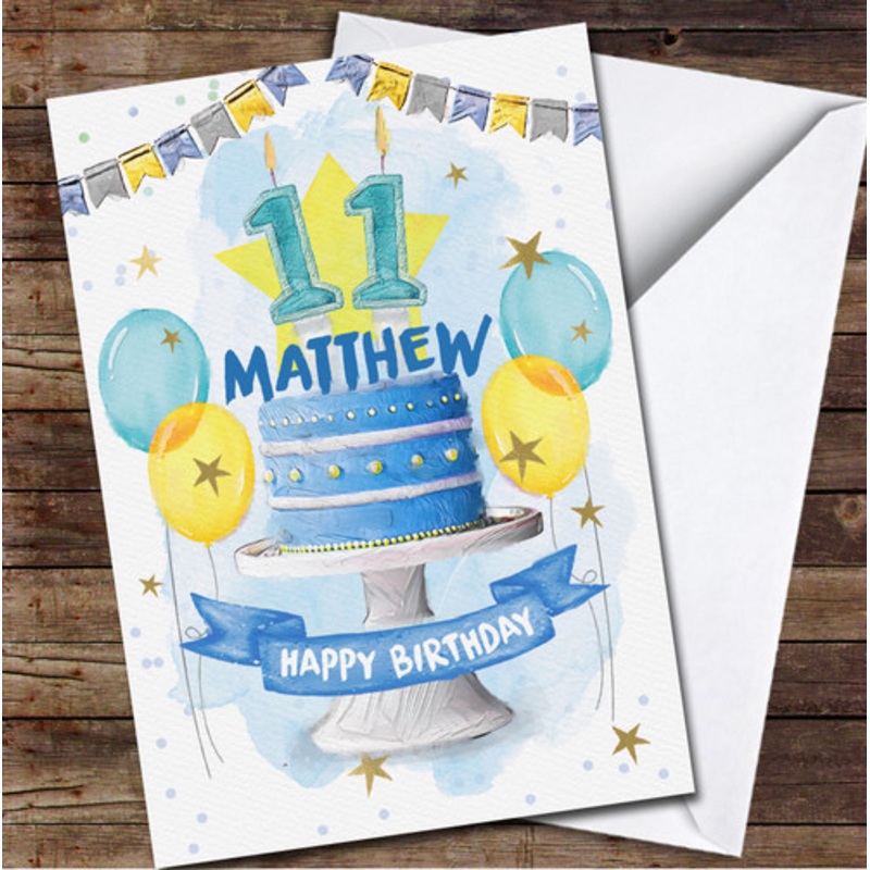 11th Eleventh Boy Blue Striped Cake Painted Party Balloons Birthday Card – The Card Zoo