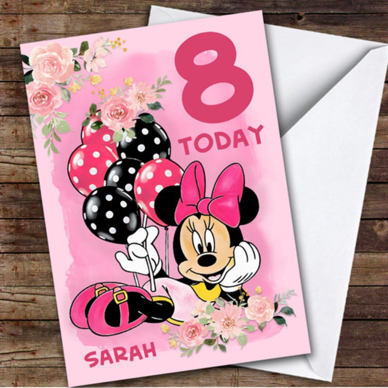 Minnie Mouse Pink Flower Balloon Any Age Personalised Kid’s Birthday Card – The Card Zoo