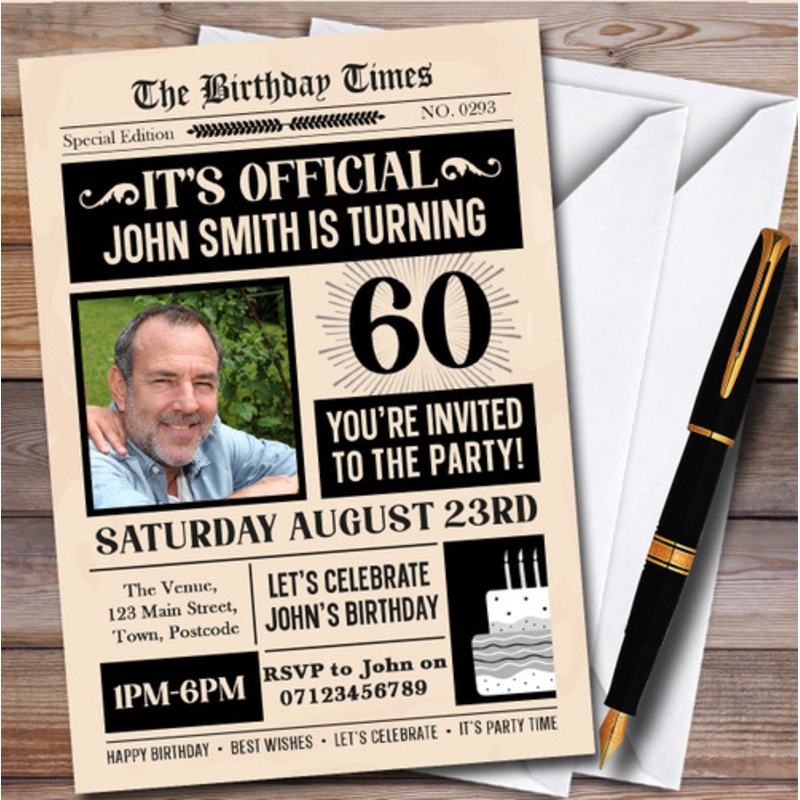 Newspaper Photo 60th Personalised Birthday Party Invitations – The Card Zoo