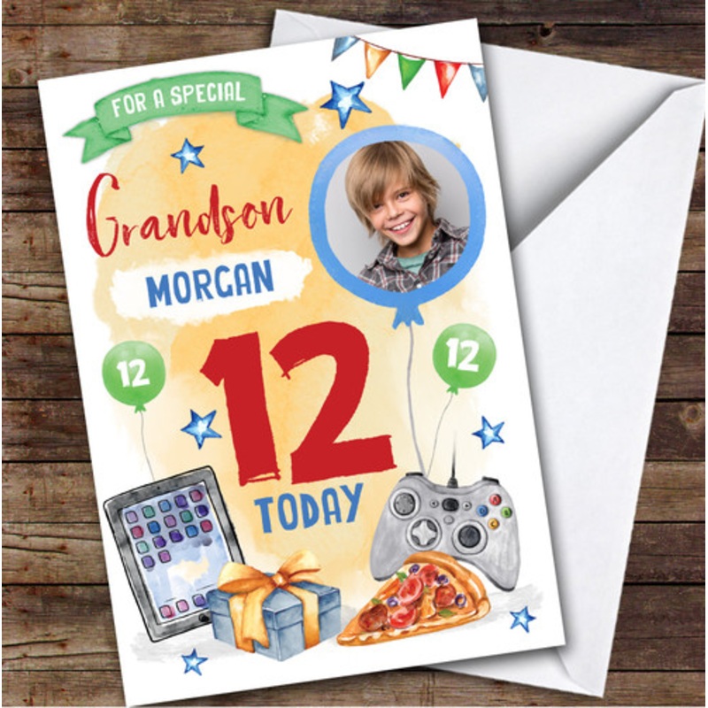 Boy’s Gaming Online Tech Pizza Photo Grandson 12th Birthday Personalised Card – The Card Zoo