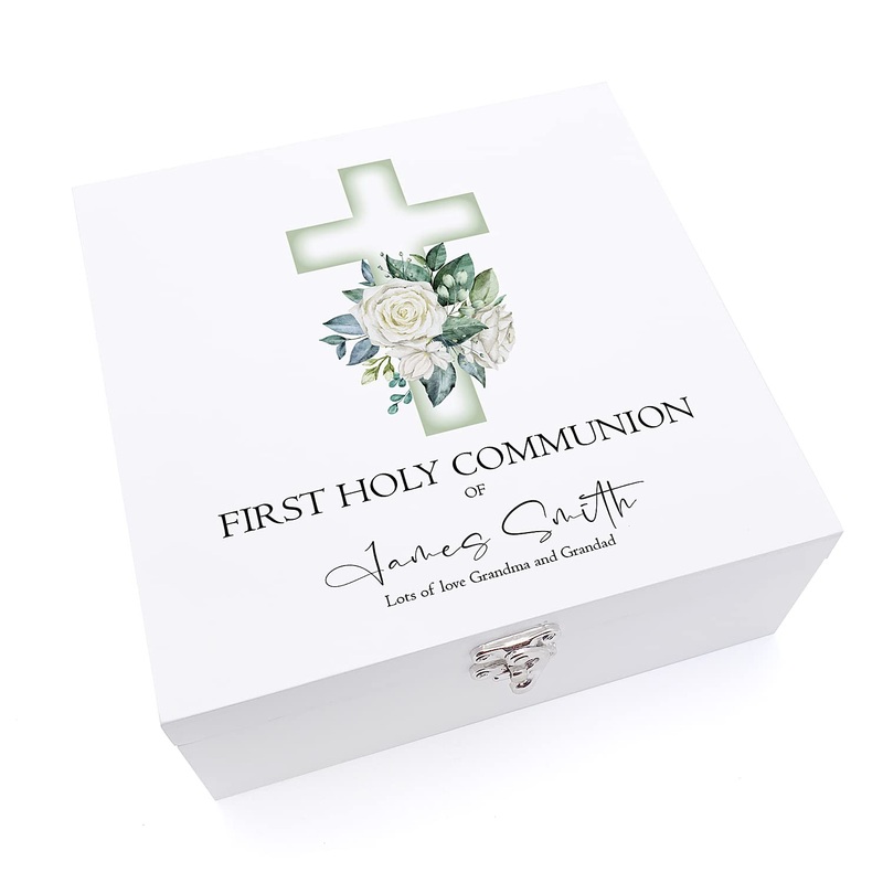 Personalised First Holy Communion Wooden Keepsake Memory Box Green Cross