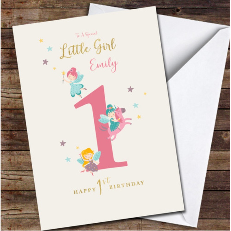 1st Baby Girl Fairies With Magic Wands And Unicorn Any Age Birthday Card – The Card Zoo