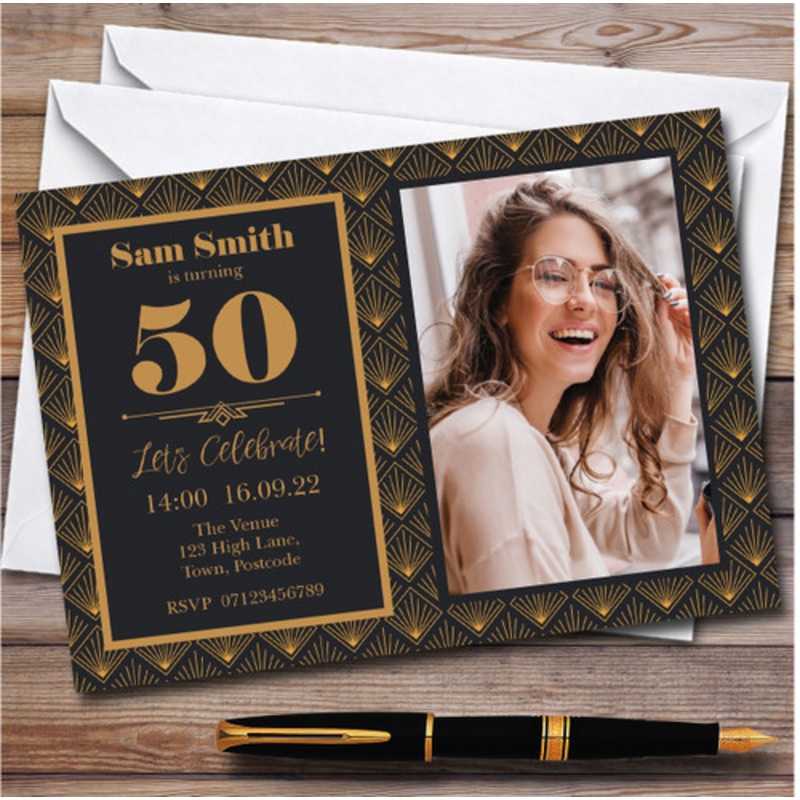 Gold Art Deco Photo Personalised Birthday Party Invitations – The Card Zoo