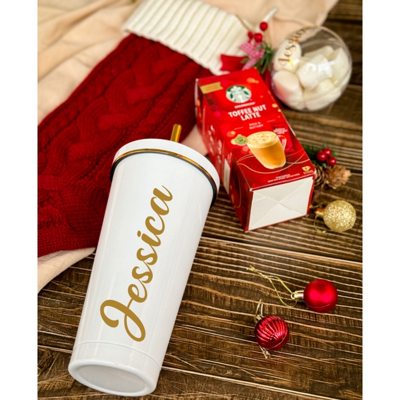 Scarlet Delights Set A | Christmas Knitted Decoration Socks With Customizable Thermal Cup With Straw & Toffee Nut Latte (Klang Valley Delivery)