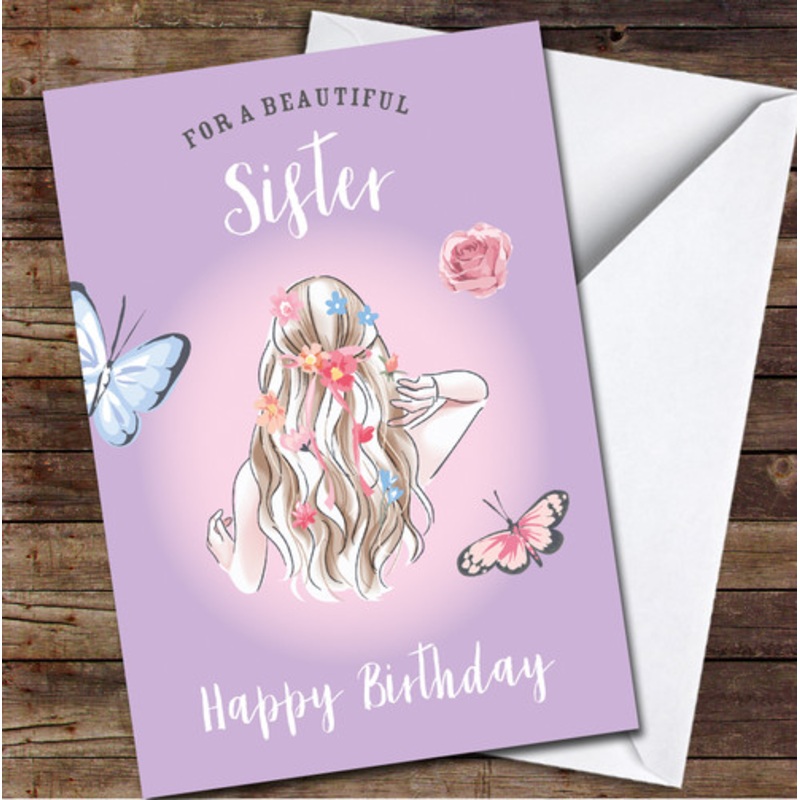 Sister Beautiful Pretty Girl Butterflies Pink Hair Personalised Birthday Card – The Card Zoo