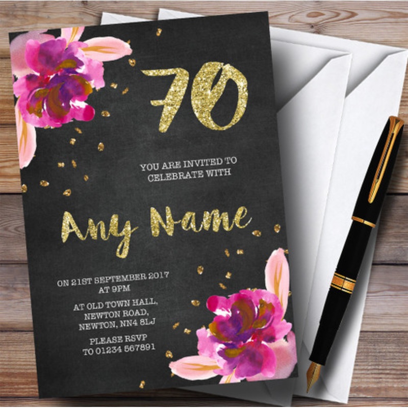 Chalk Gold Confetti Pink Flowers 70th Personalised Birthday Party Invitations – The Card Zoo