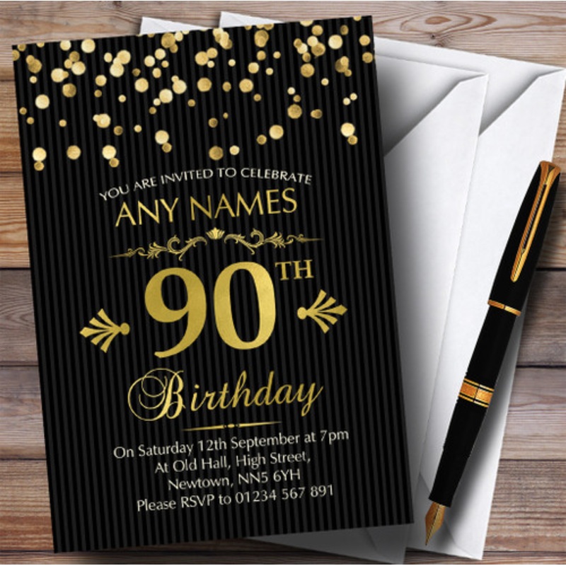 Gold Confetti Black Striped 90th Personalised Birthday Party Invitations – The Card Zoo