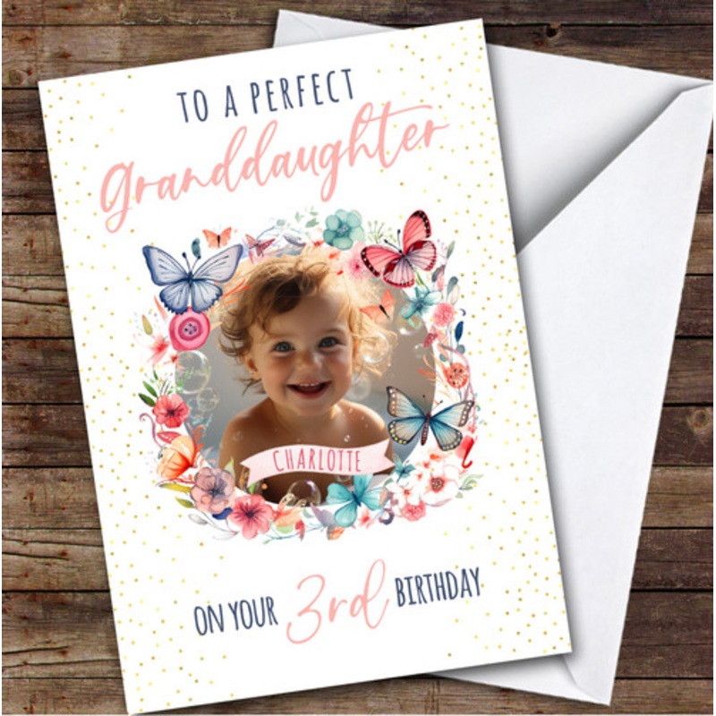 Granddaughter 3rd Floral Butterflies Wreath Photo Personalised Birthday Card – The Card Zoo