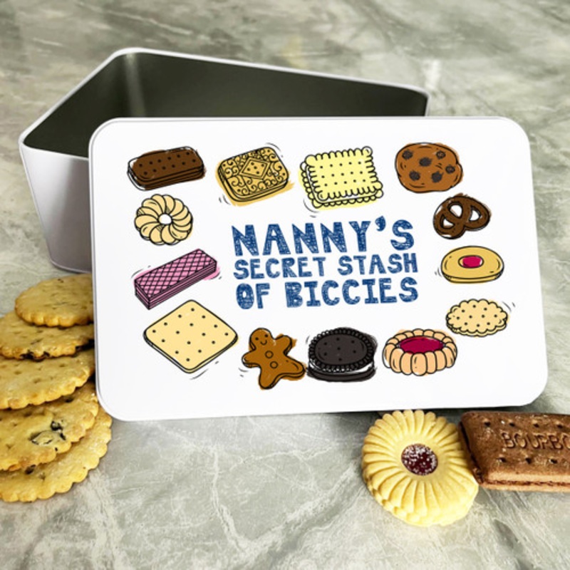 Personalised Nanny’s Secret Stash Of Biccies Cake Treat Sweets Biscuit Tin – The Card Zoo