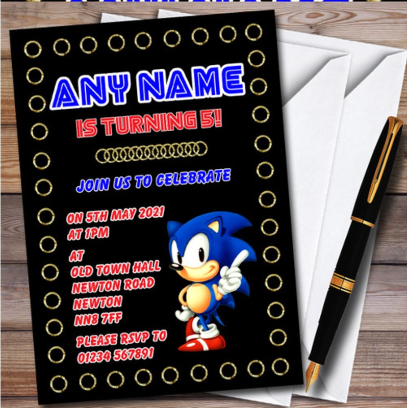 Retro Sonic The Hedgehog Black Children’s Birthday Party Invitations – The Card Zoo