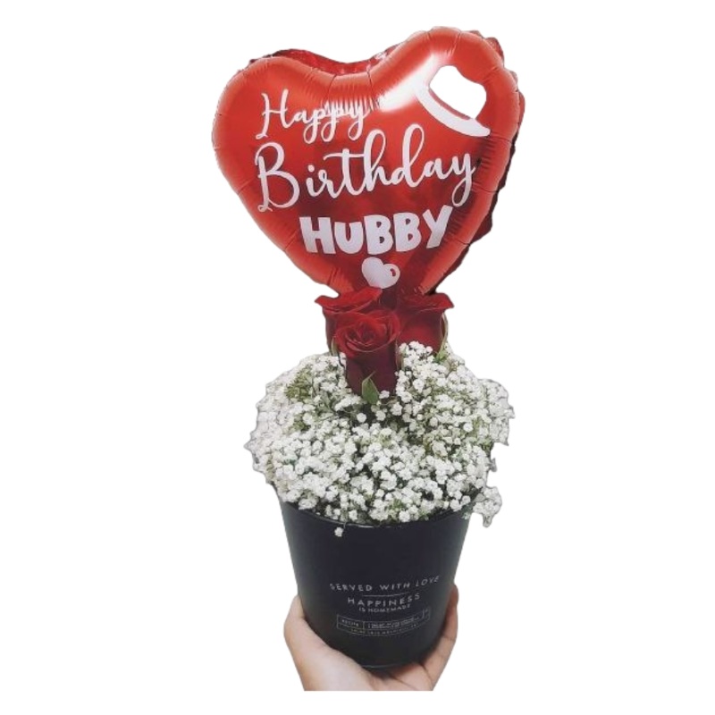 Fresh Roses in Pot with Customized Foil Balloon (Klang Valley Delivery Only)