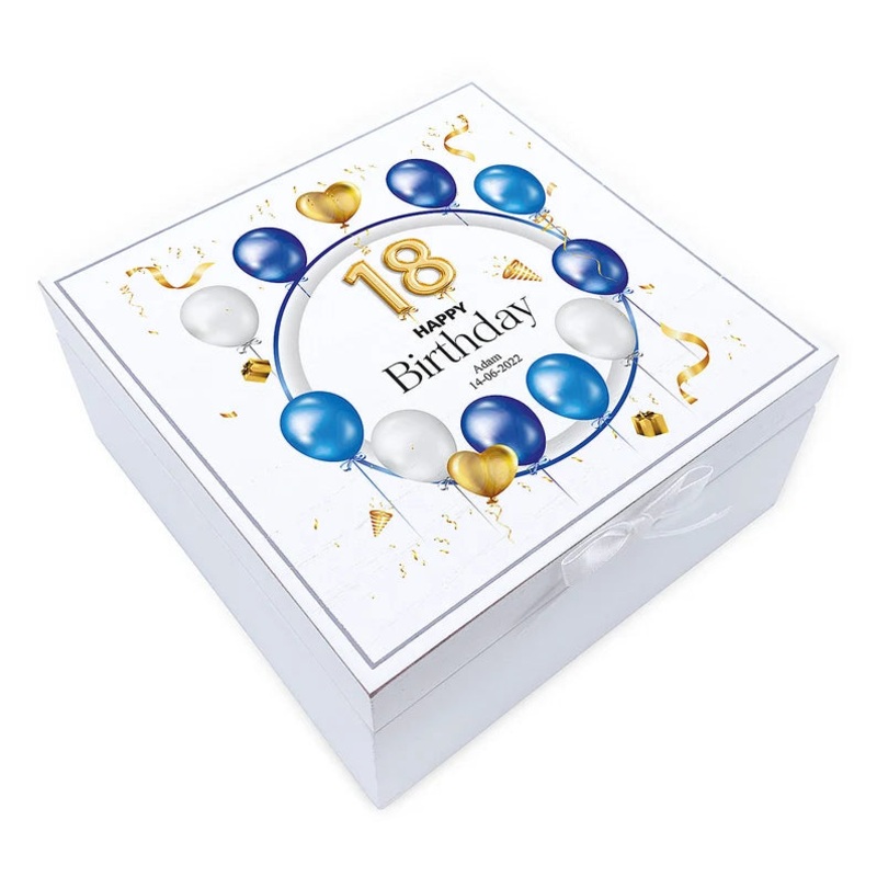 Personalised 18th Birthday Vintage Wooden Box Gift With Blue Balloons