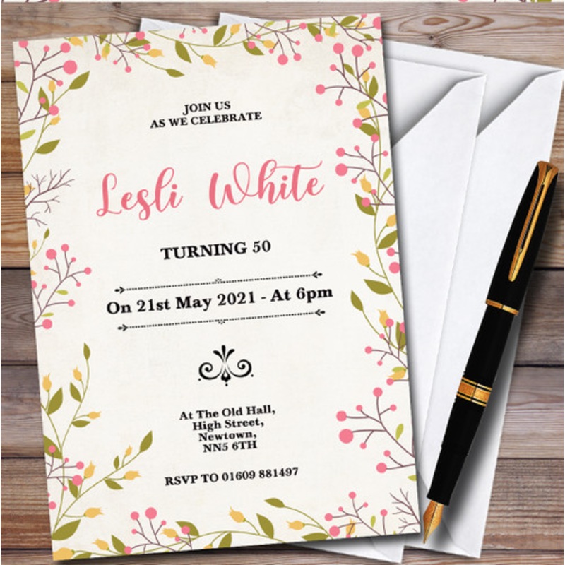 Simple Floral And Berry Border Personalised Birthday Party Invitations – The Card Zoo
